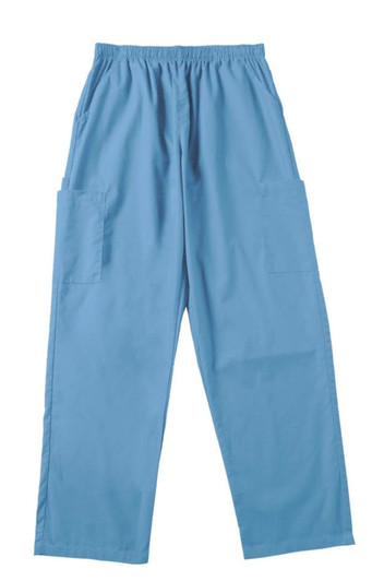 Light blue ladies' scrub pants with an elastic waistband and two side pockets, featuring a branding logo.
